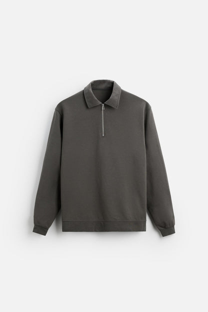 Katoen polo half zip grijs