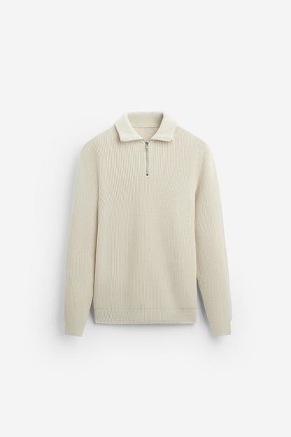 Cashwool ribbed trui halve rits wit