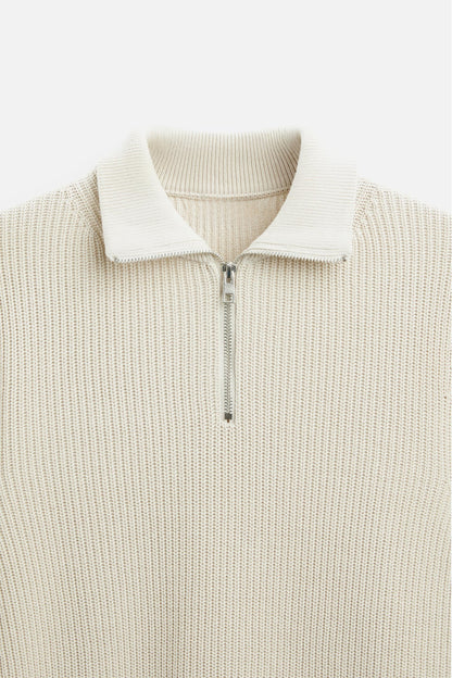 Cashwool ribbed trui halve rits wit