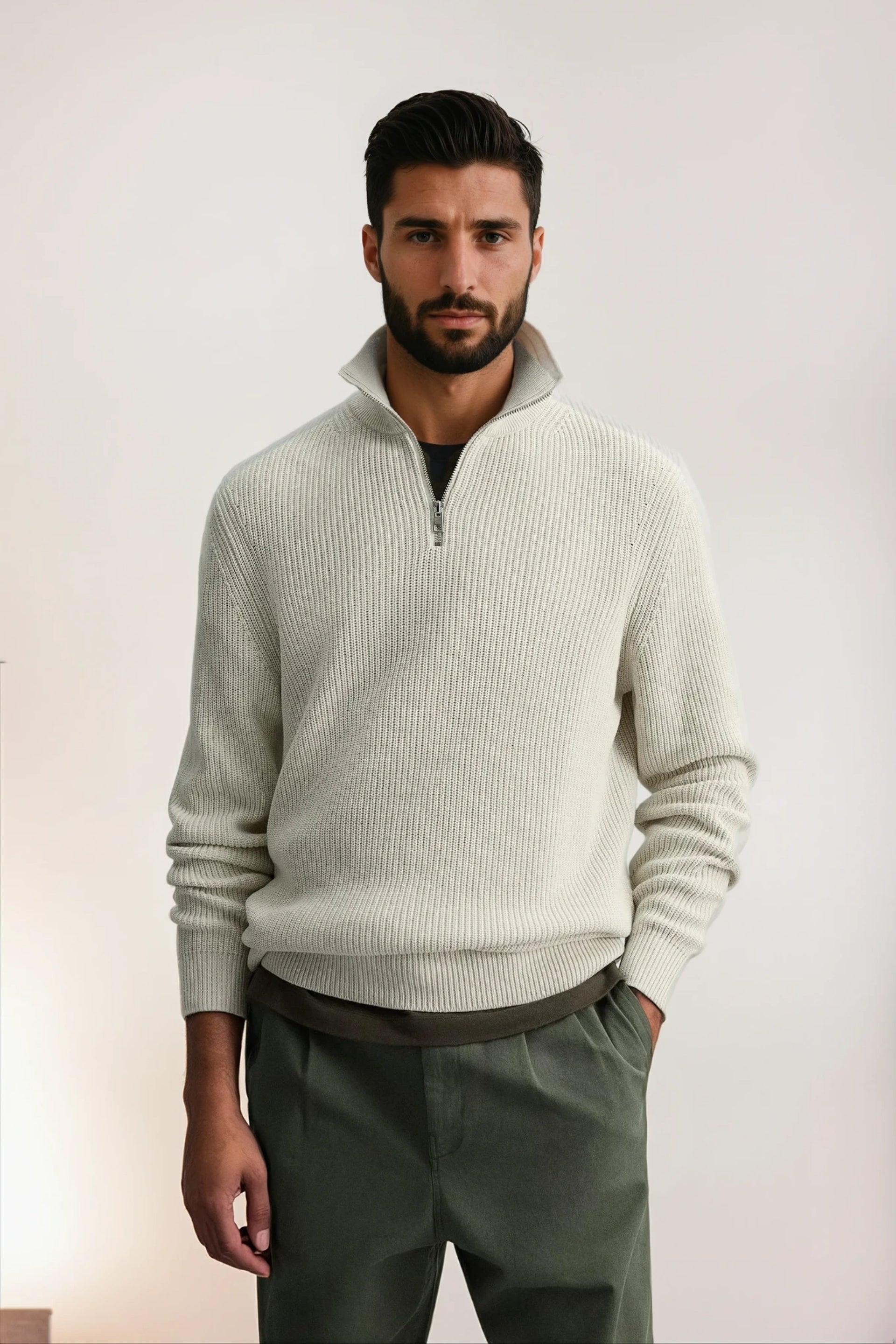 Cashwool ribbed trui halve rits wit