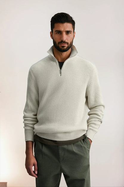 Cashwool ribbed trui halve rits wit