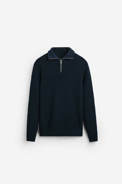 Cashwool ribbed trui halve rits navy blauw