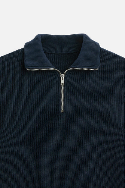 Cashwool ribbed trui halve rits navy blauw