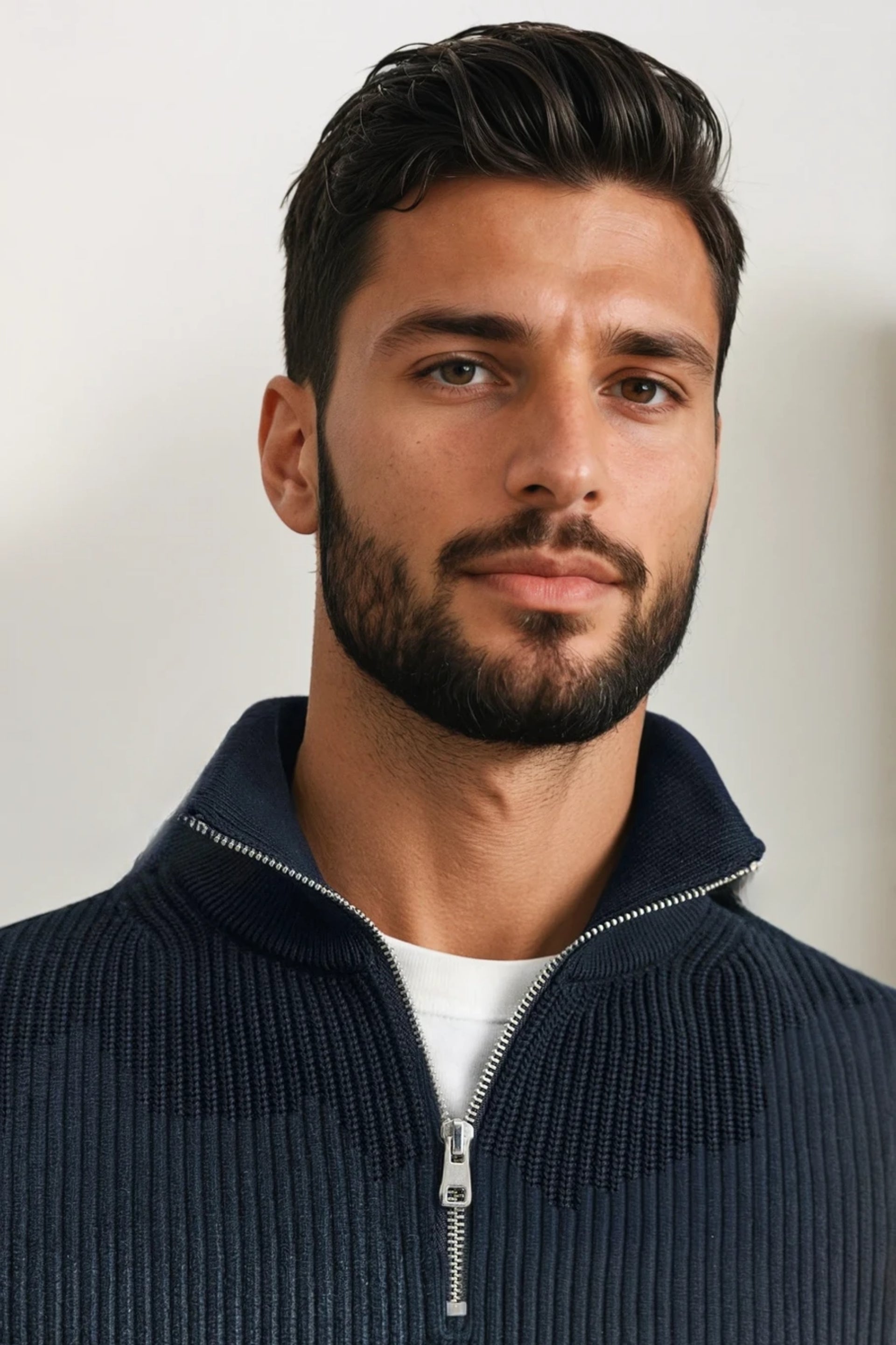Cashwool ribbed trui halve rits navy blauw