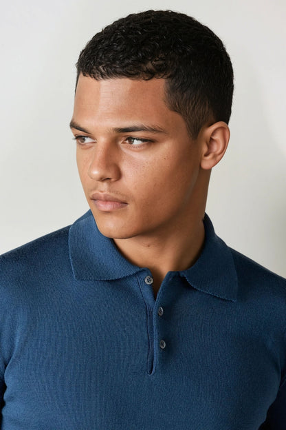 Cashwool polo knoopjes lang blauw