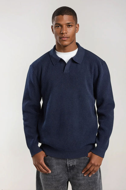 Katoenen polo trui met structuur blauw