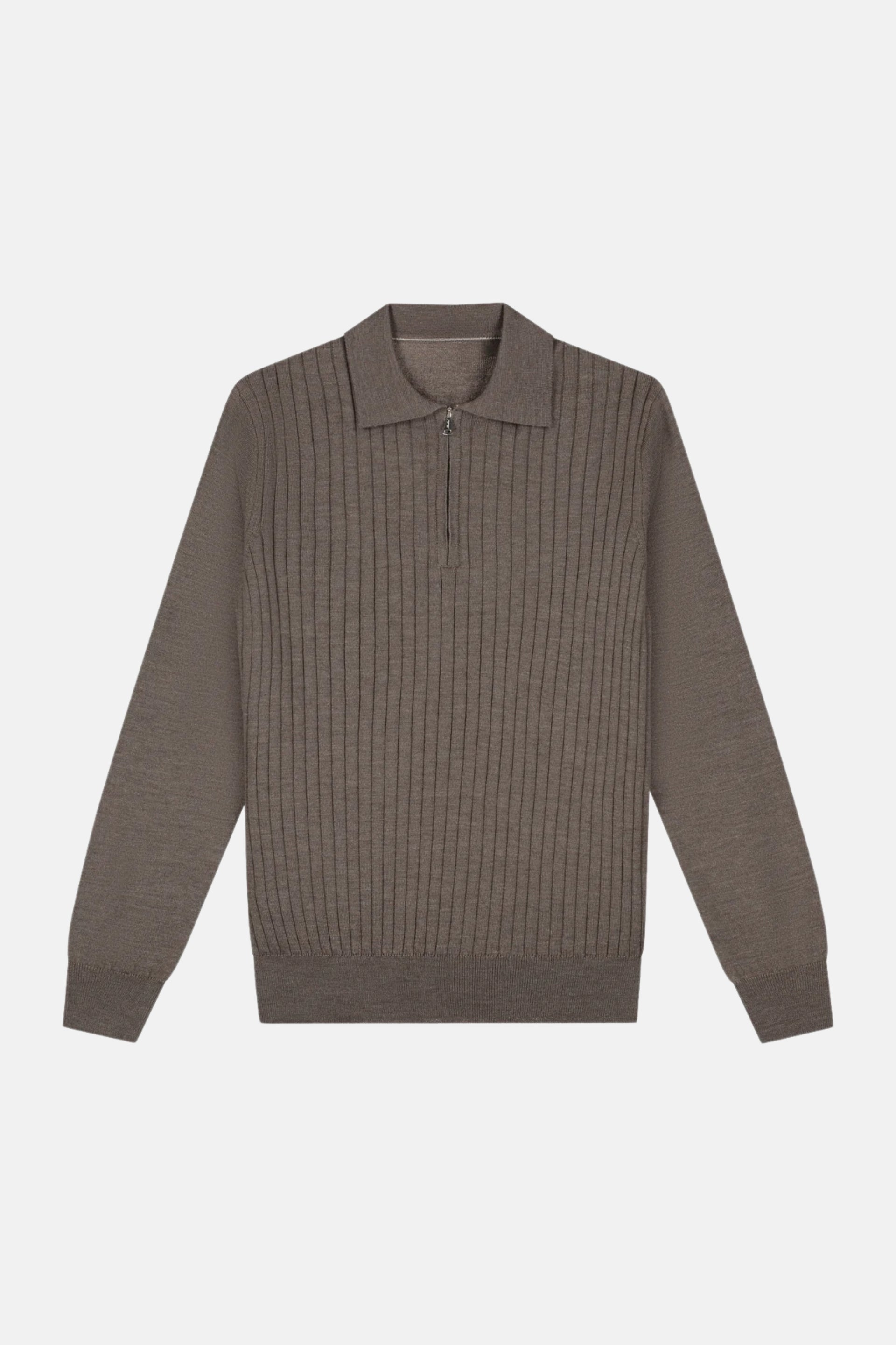 cashwool polo long half zip brown
