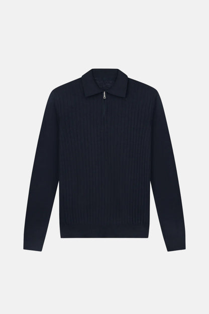 cashwool polo lang halve rits navy blauw