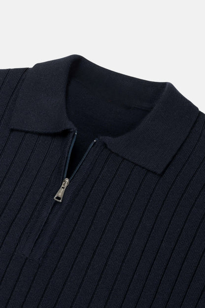 cashwool polo lang halve rits navy blauw