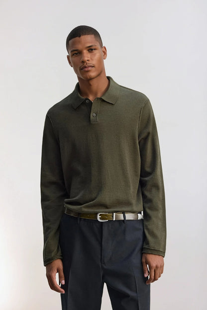 Kasjmier polo knoopjes lang khaki groen