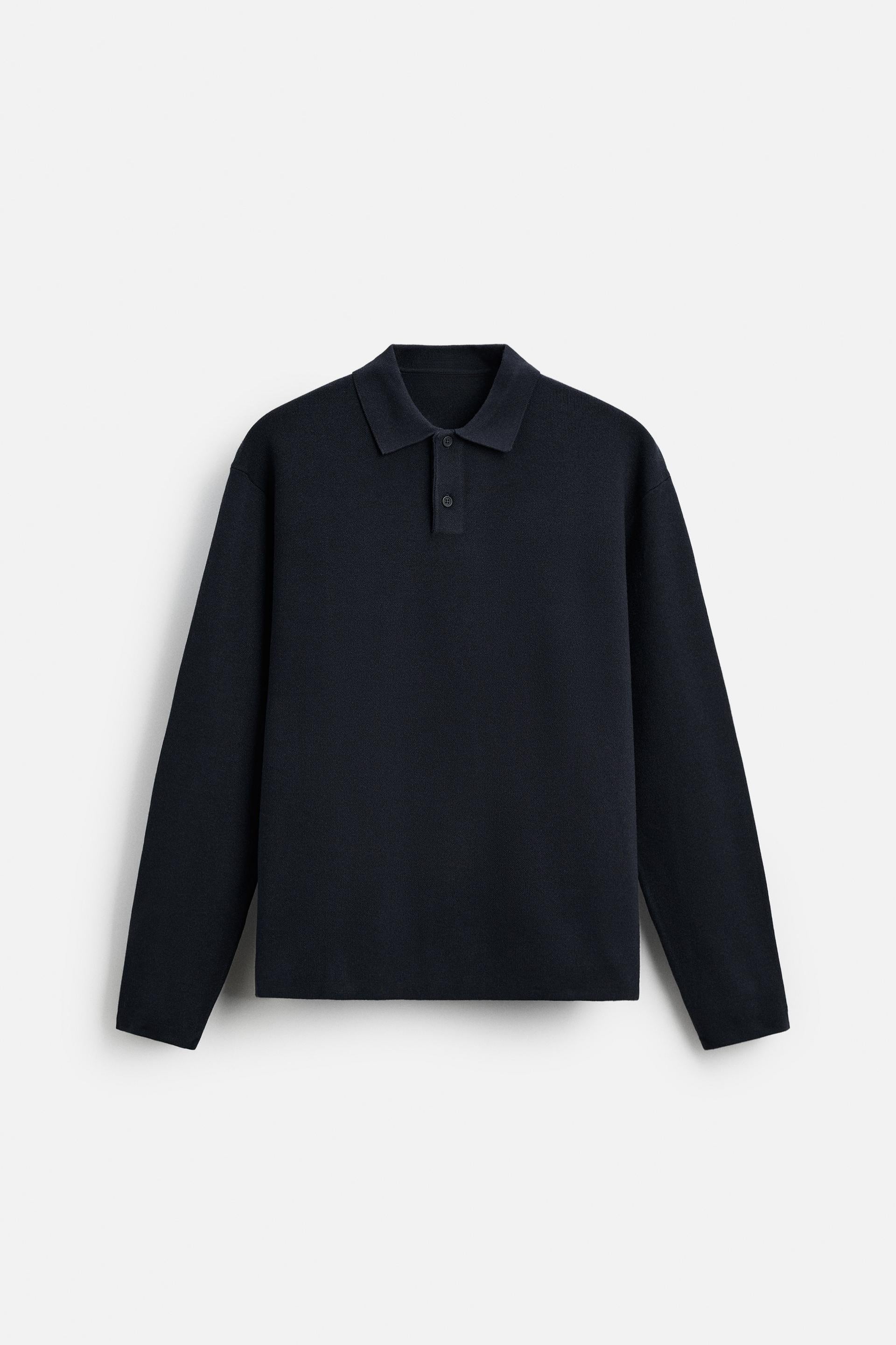 Cotton polo buttons long navy blue