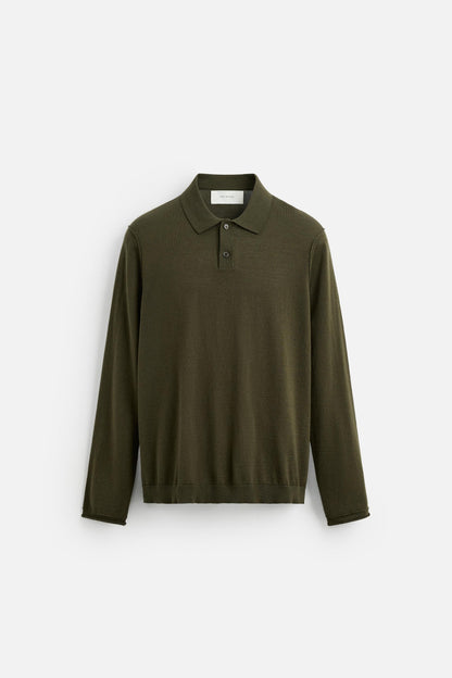 Kasjmier polo knoopjes lang khaki groen