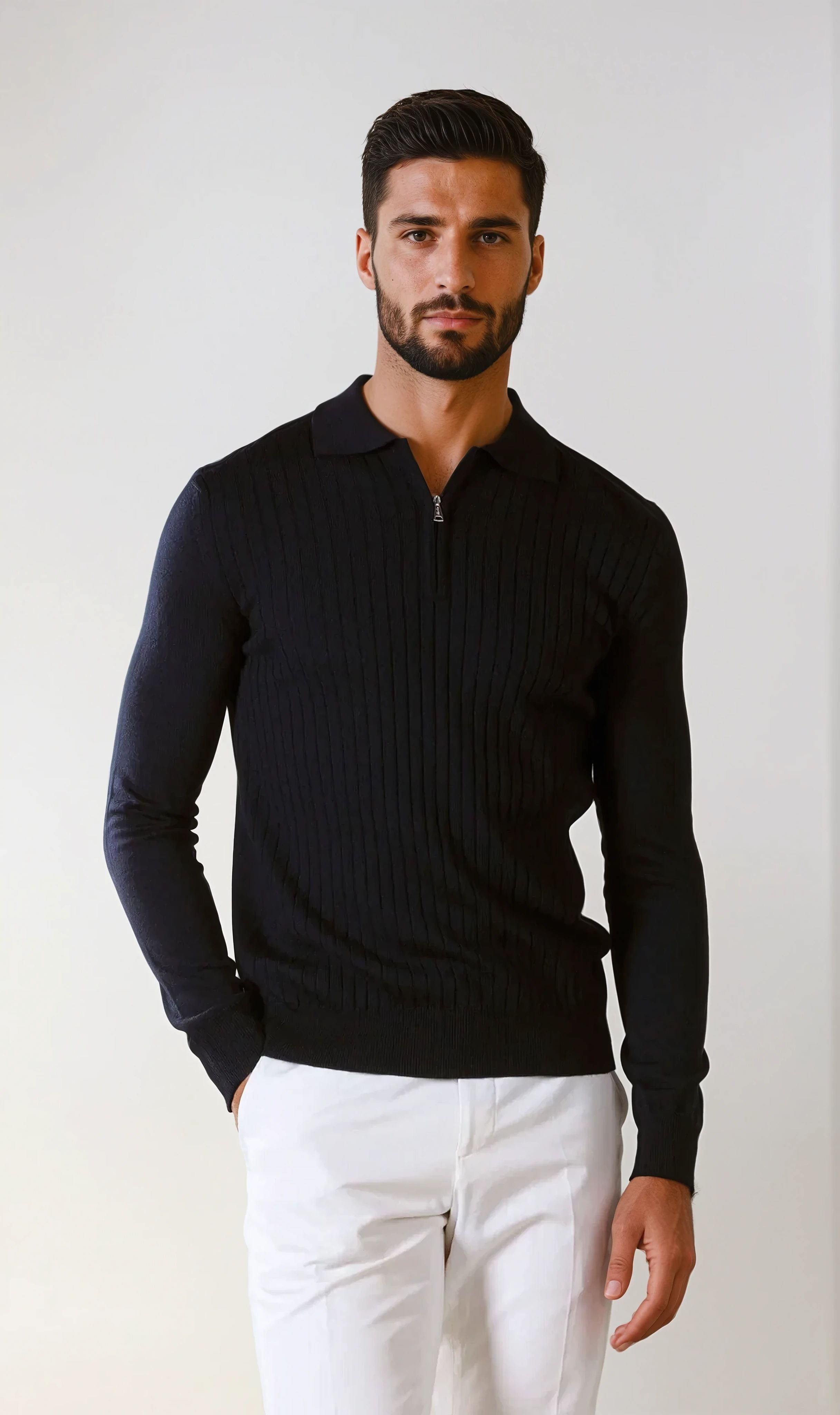 cashwool polo long half zip navy blue