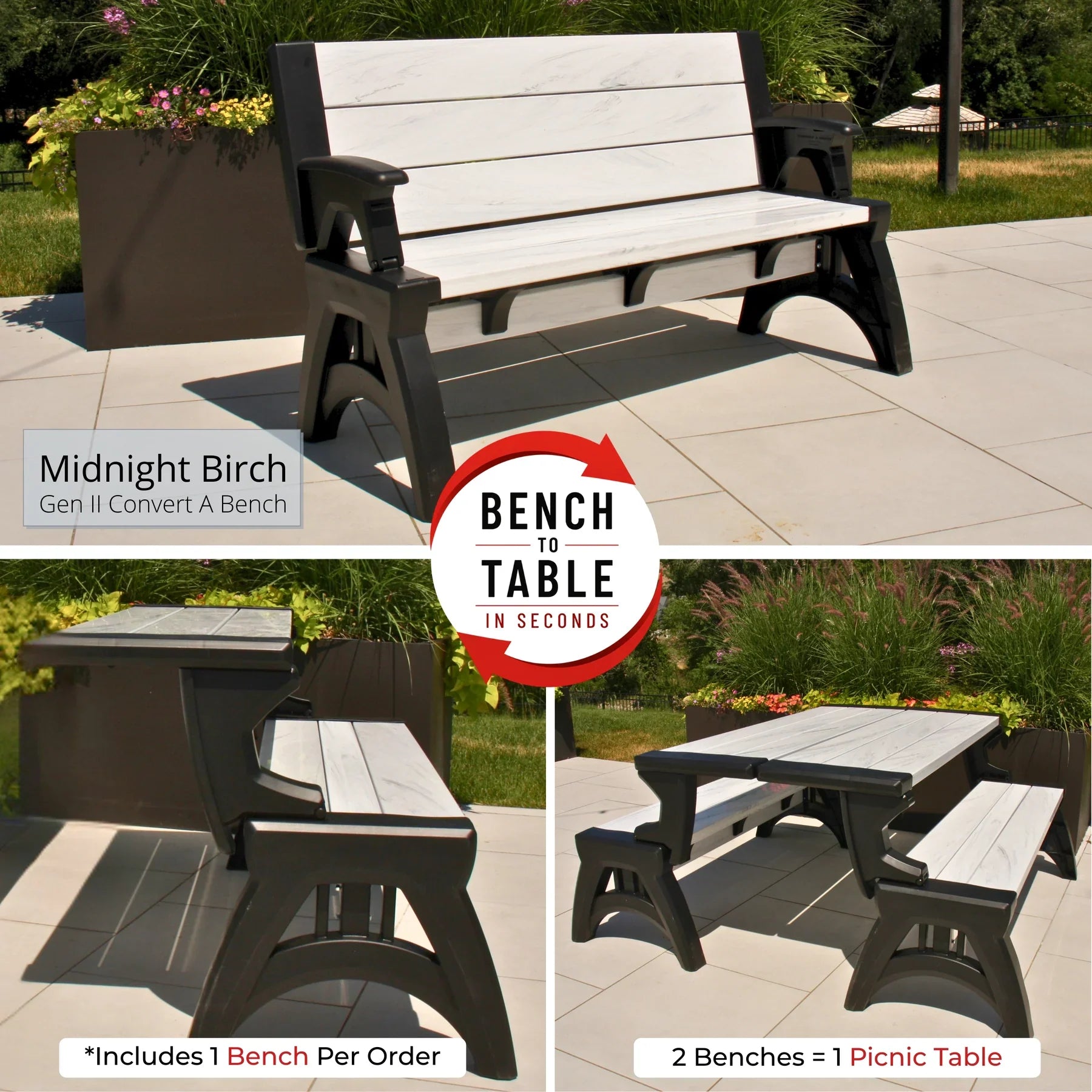 Zestaw 2 ławek ogrodowych Convert-a-Bench Gen II XL Designer – łatwo zmienisz je w stół